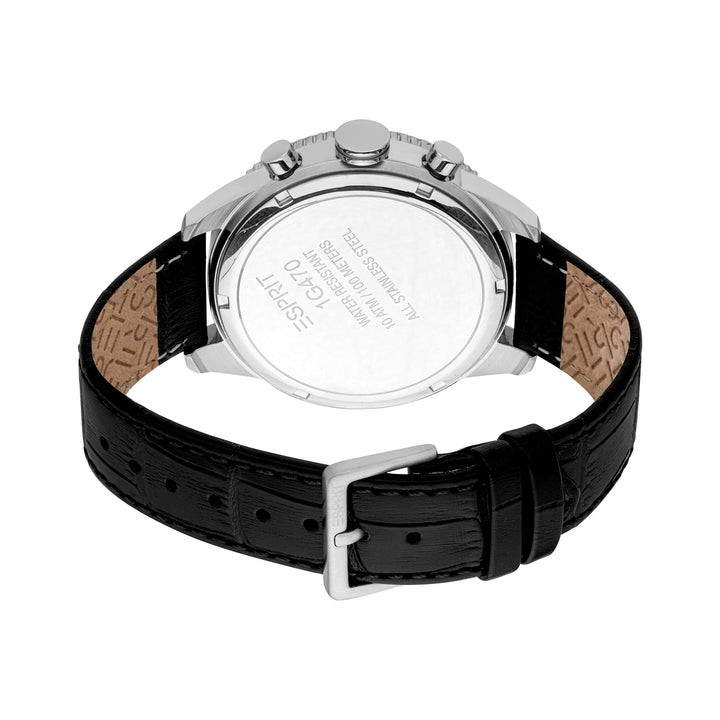 ESPRIT Men Watch, Silver Color Case, Silver Dial, Black Leather Strap, Chronograph, 10 ATM