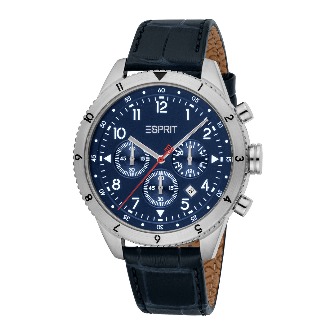 ESPRIT Men Watch, Silver Color Case, Dark Blue Dial, Dark Blue Leather Strap, Chronograph, 10 ATM