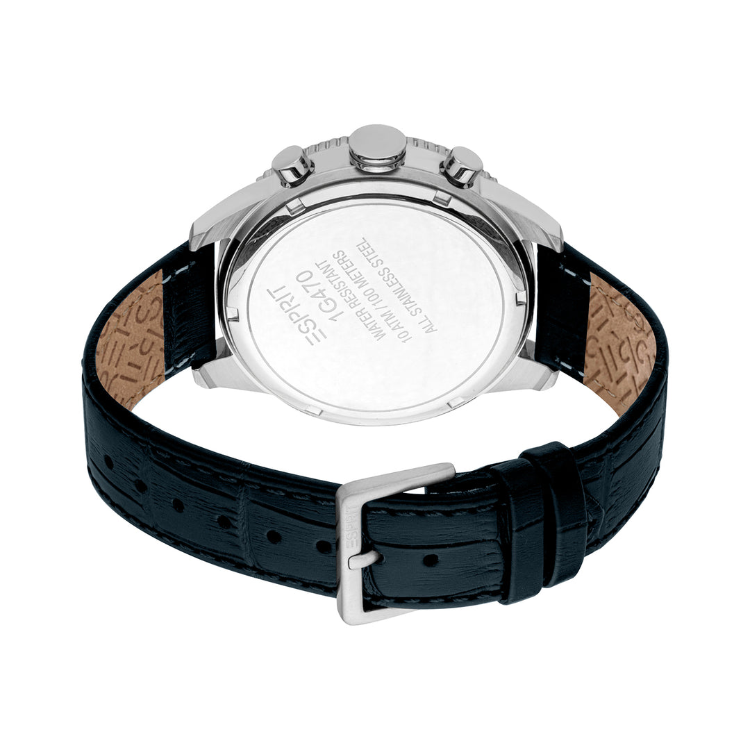 ESPRIT Men Watch, Silver Color Case, Dark Blue Dial, Dark Blue Leather Strap, Chronograph, 10 ATM