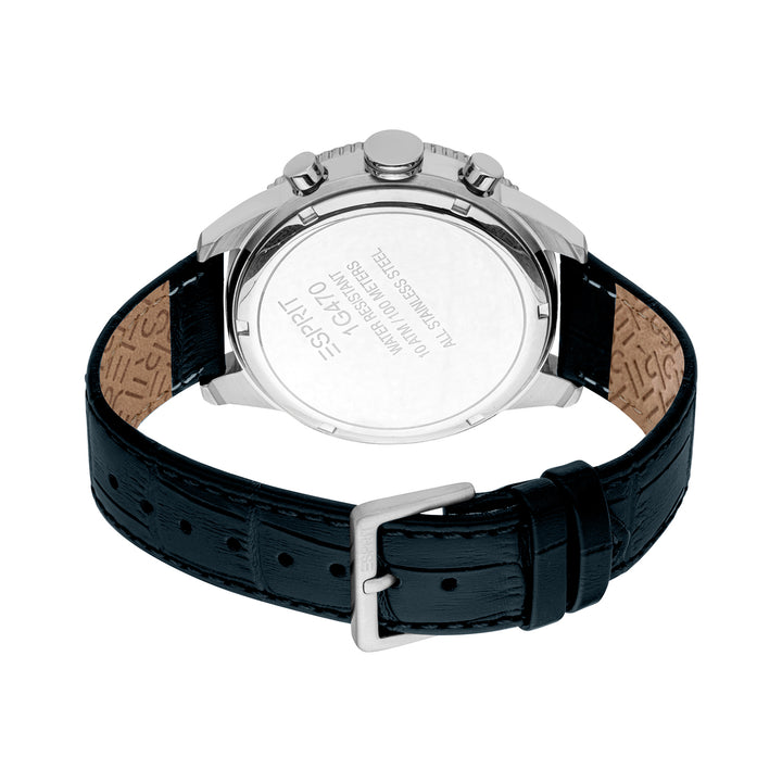 ESPRIT Men Watch, Silver Color Case, Dark Blue Dial, Dark Blue Leather Strap, Chronograph, 10 ATM