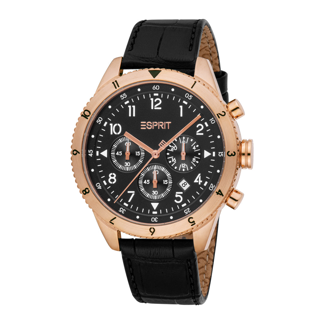 ESPRIT Men Watch, Rose Gold Color Case, Black Dial, Black Leather Strap, Chronograph, 10 ATM