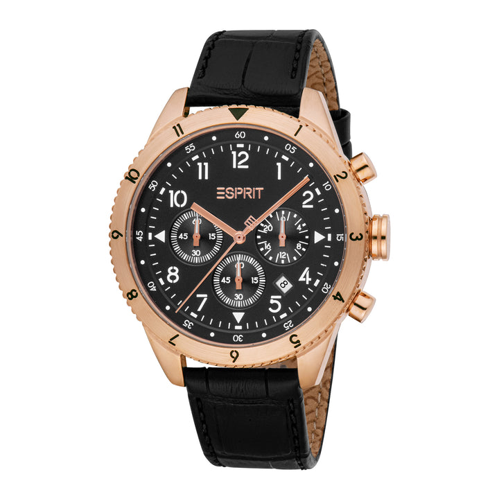 ESPRIT Men Watch, Rose Gold Color Case, Black Dial, Black Leather Strap, Chronograph, 10 ATM