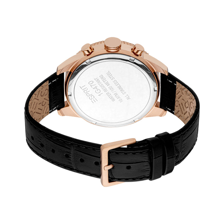 ESPRIT Men Watch, Rose Gold Color Case, Black Dial, Black Leather Strap, Chronograph, 10 ATM