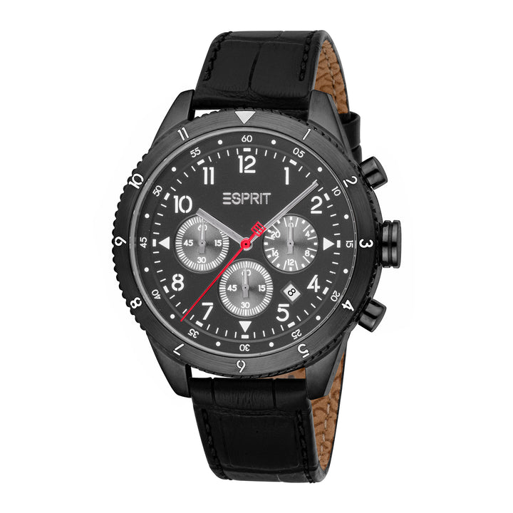 ESPRIT Men Watch, Black Color Case, Gun Dial, Black Leather Strap, Chronograph, 10 ATM