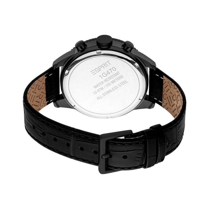 ESPRIT Men Watch, Black Color Case, Gun Dial, Black Leather Strap, Chronograph, 10 ATM