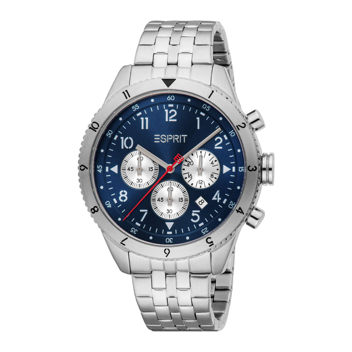 ESPRIT Men Watch, Silver Color Case, Dark Blue Dial, Stainless Steel Metal Bracelet, Chronograph, 10 ATM