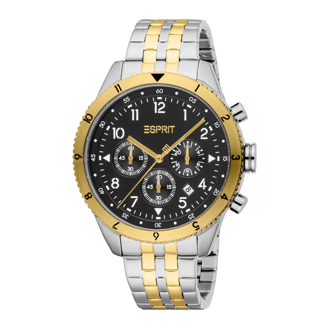 ESPRIT Men Watch, Two Tone Silver &amp; Gold Color Case, Black Dial, Two Tone Silver &amp; Gold Color Metal Bracelet, Chronograph, 10 ATM