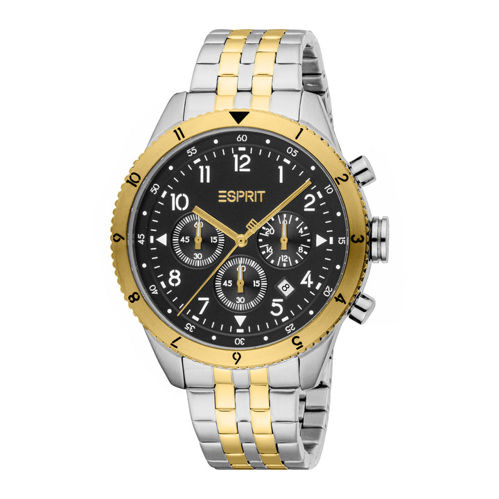 ESPRIT Men Watch, Two Tone Silver &amp; Gold Color Case, Black Dial, Two Tone Silver &amp; Gold Color Metal Bracelet, Chronograph, 10 ATM