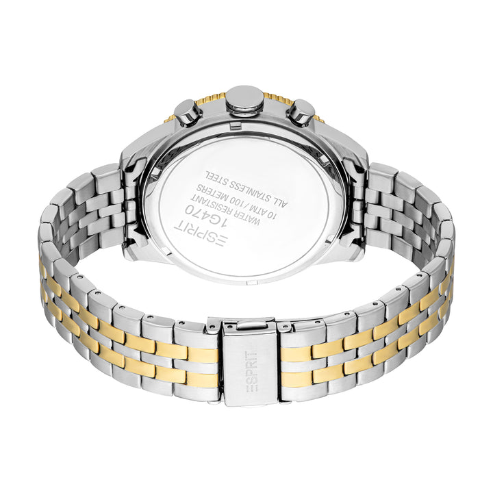 ESPRIT Men Watch, Two Tone Silver &amp; Gold Color Case, Black Dial, Two Tone Silver &amp; Gold Color Metal Bracelet, Chronograph, 10 ATM