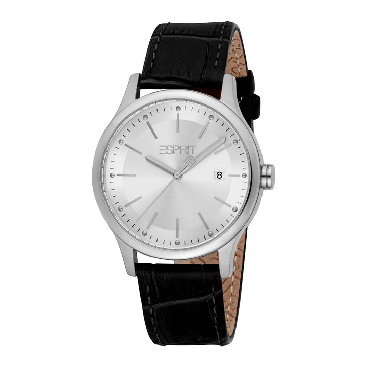 ESPRIT Men Watch, Silver Color Case, Silver Dial, Black Leather Strap, 3 Hands Date, 10 ATM