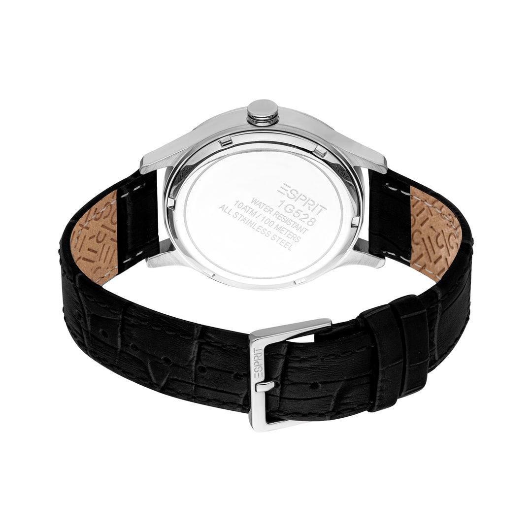ESPRIT Men Watch, Silver Color Case, Silver Dial, Black Leather Strap, 3 Hands Date, 10 ATM