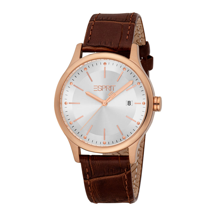 ESPRIT Men Watch, Rose Gold Color Case, Silver Dial, Brown Leather Strap, 3 Hands Date, 10 ATM