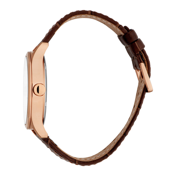 ESPRIT Men Watch, Rose Gold Color Case, Silver Dial, Brown Leather Strap, 3 Hands Date, 10 ATM