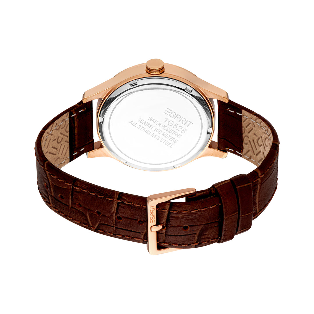 ESPRIT Men Watch, Rose Gold Color Case, Silver Dial, Brown Leather Strap, 3 Hands Date, 10 ATM