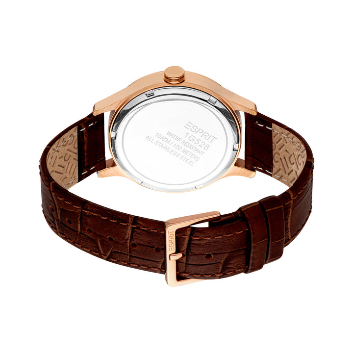 ESPRIT Men Watch, Rose Gold Color Case, Silver Dial, Brown Leather Strap, 3 Hands Date, 10 ATM