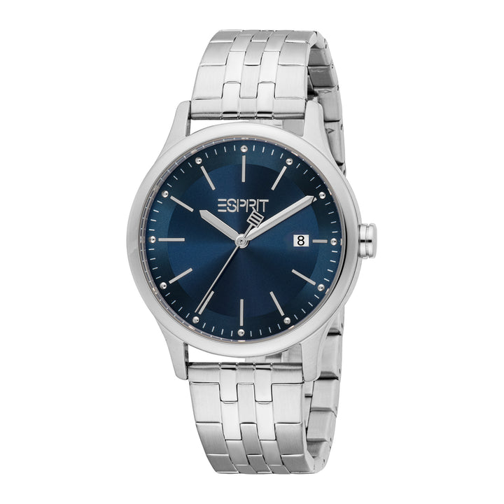ESPRIT Men Watch, Silver Color Case, Dark Blue Dial, Stainless Steel Metal Bracelet, 3 Hands Date, 10 ATM