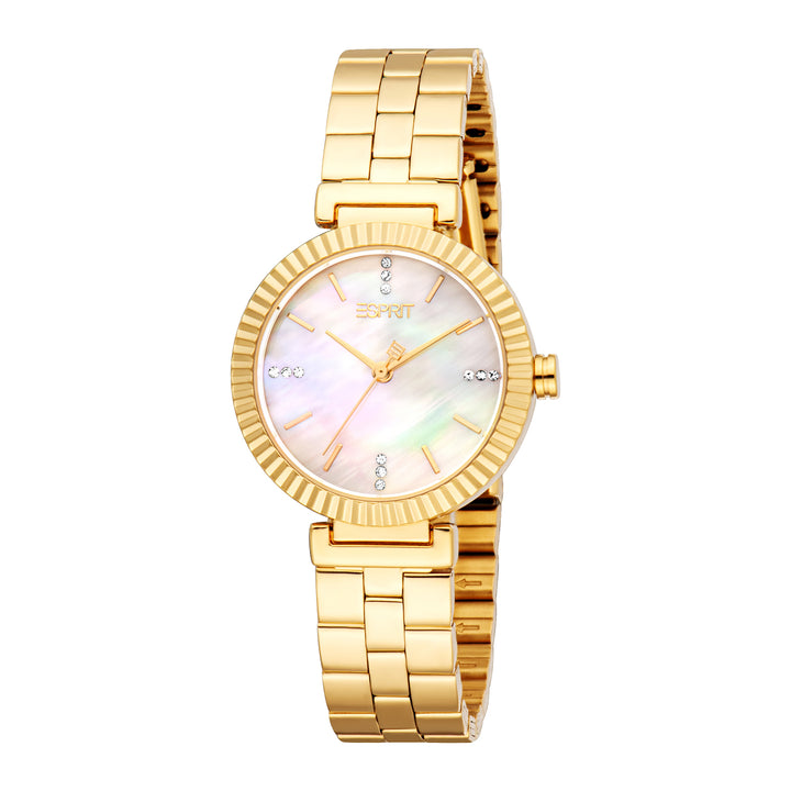 ESPRIT Women Watch, Gold Color Case, White MOP Dial, Gold Color Metal Bracelet, 3 Hands, 3 ATM