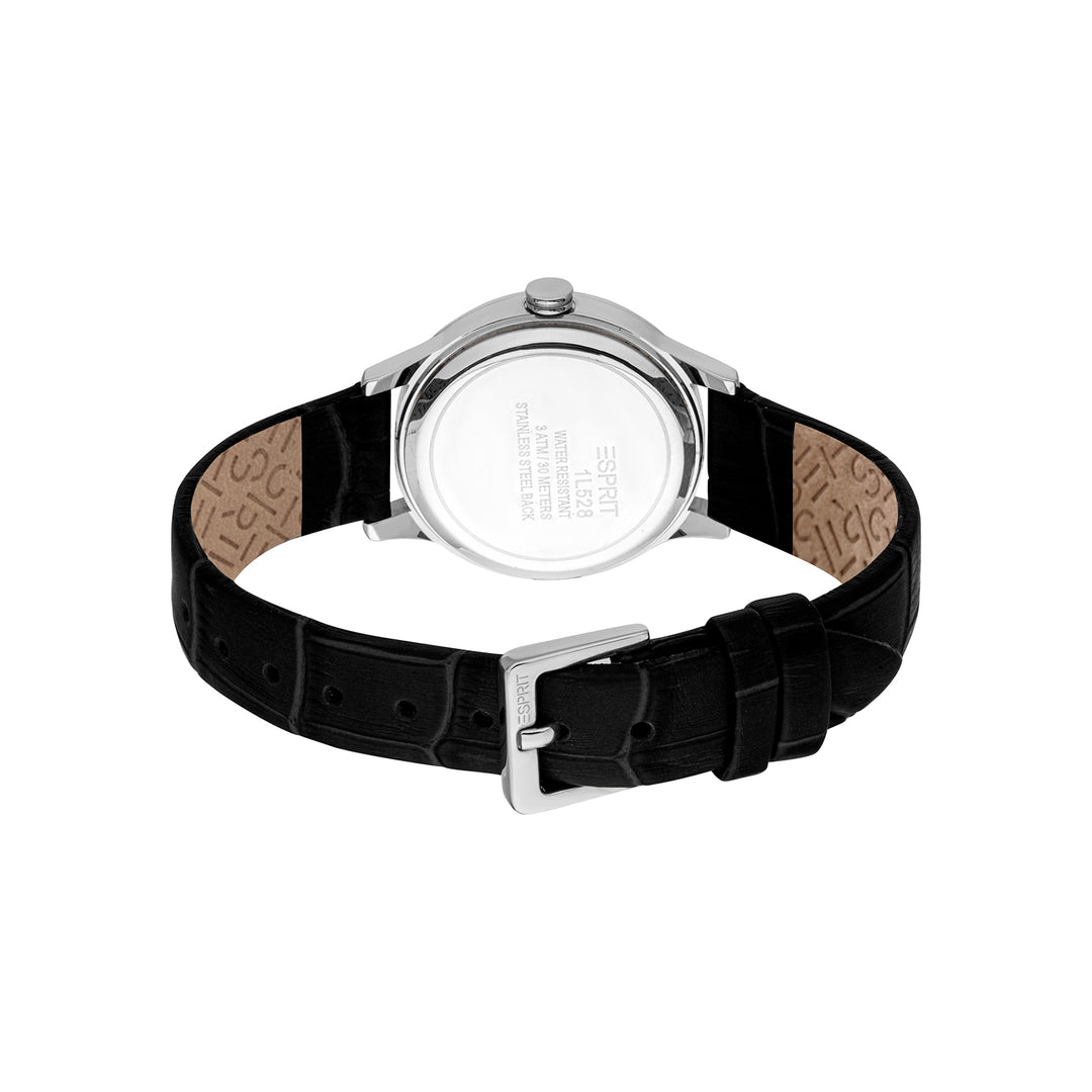 ESPRIT Women Watch, Silver Color Case, Silver Dial, Black Leather Strap, 3 Hands, 3 ATM