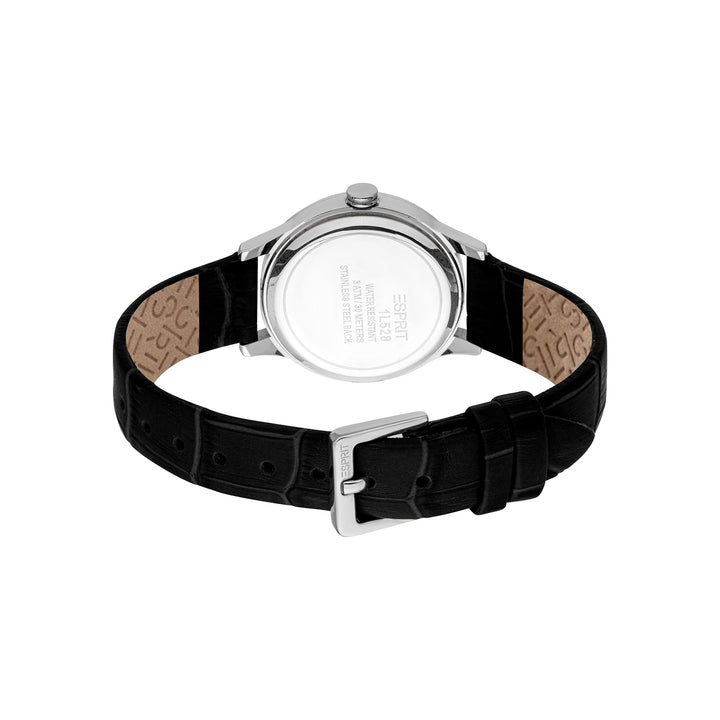 ESPRIT Women Watch, Silver Color Case, Silver Dial, Black Leather Strap, 3 Hands, 3 ATM