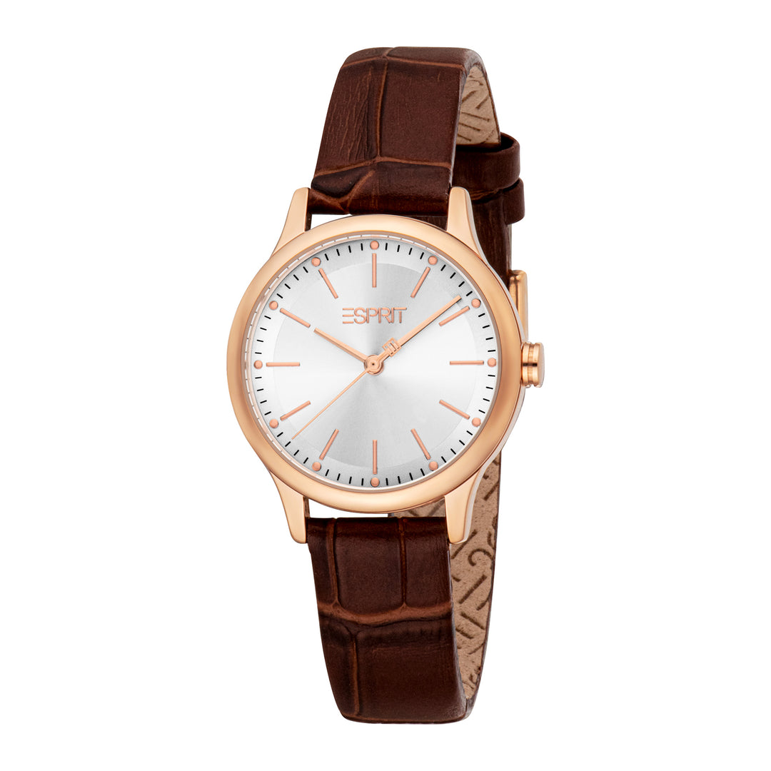 ESPRIT Women Watch, Rose Gold Color Case, Silver Dial, Brown Leather Strap, 3 Hands, 3 ATM