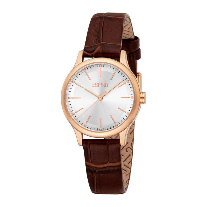 ESPRIT Women Watch, Rose Gold Color Case, Silver Dial, Brown Leather Strap, 3 Hands, 3 ATM