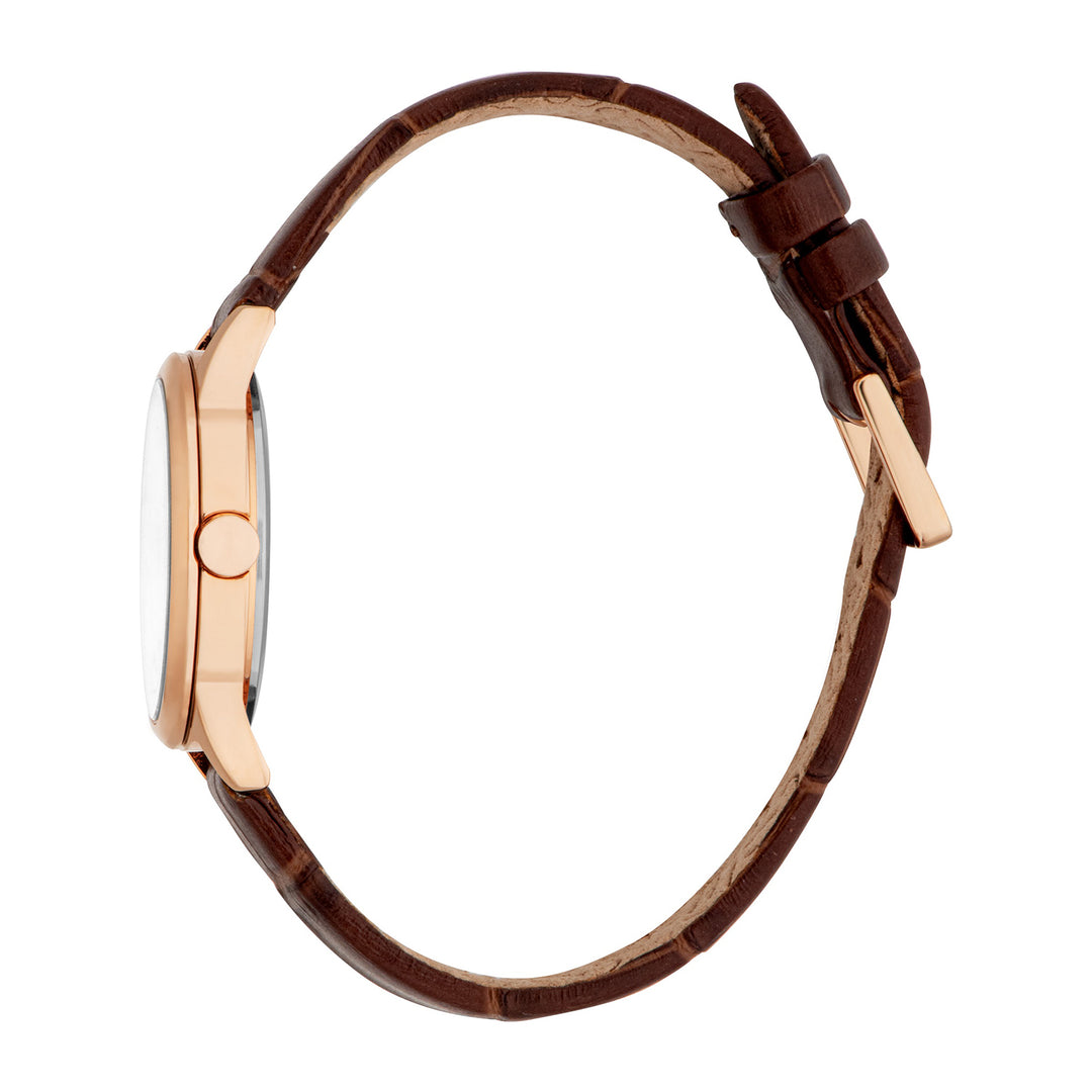 ESPRIT Women Watch, Rose Gold Color Case, Silver Dial, Brown Leather Strap, 3 Hands, 3 ATM