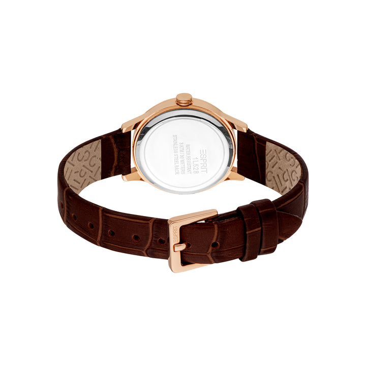 ESPRIT Women Watch, Rose Gold Color Case, Silver Dial, Brown Leather Strap, 3 Hands, 3 ATM