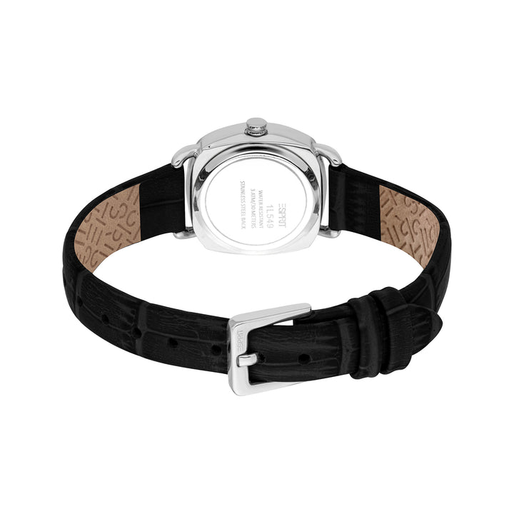 ESPRIT Women Watch, Silver Color Case, Silver Dial, Black Leather Strap, 3 Hands, 3 ATM
