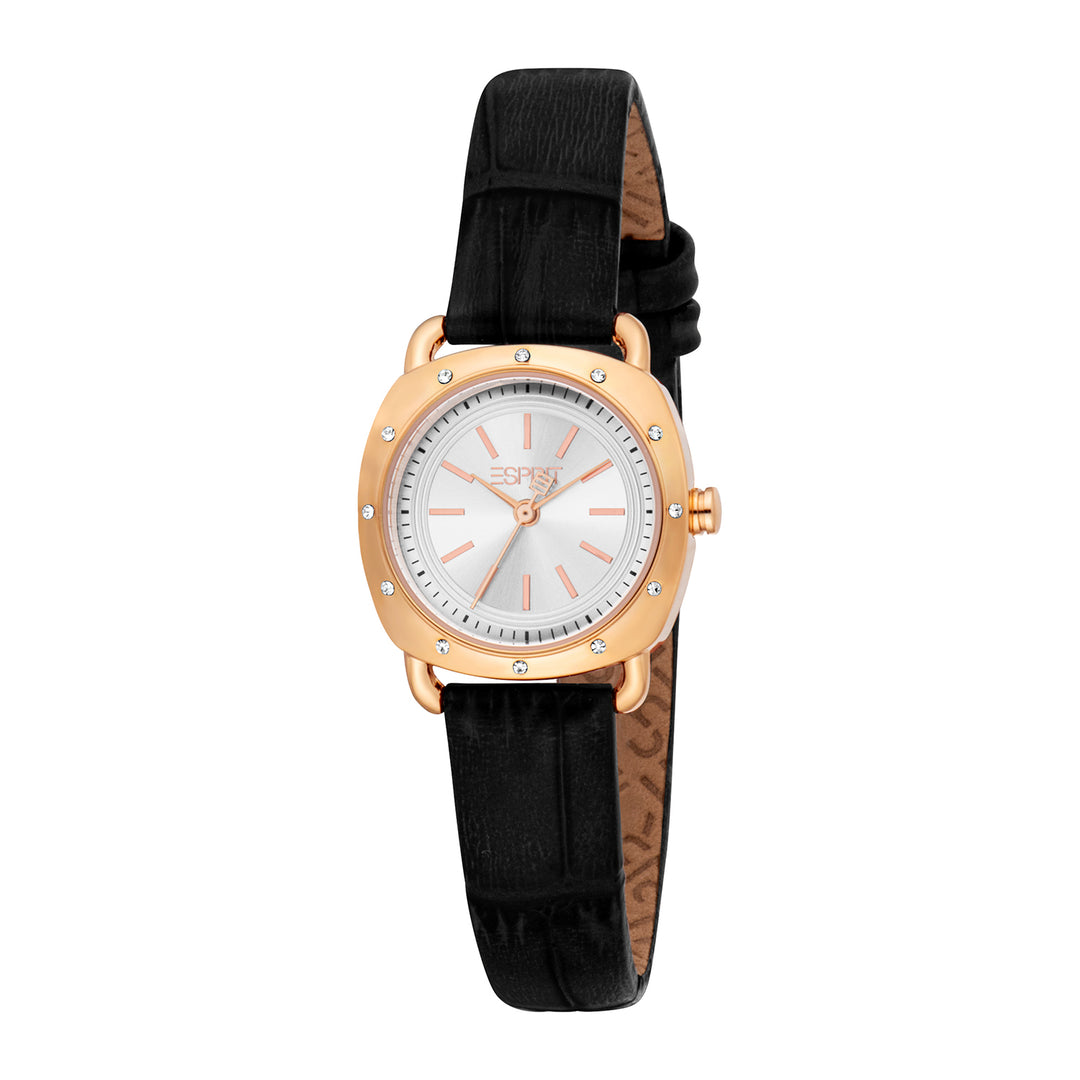 ESPRIT Women Watch, Rose Gold Color Case, Silver Dial, Black Leather Strap, 3 Hands, 3 ATM
