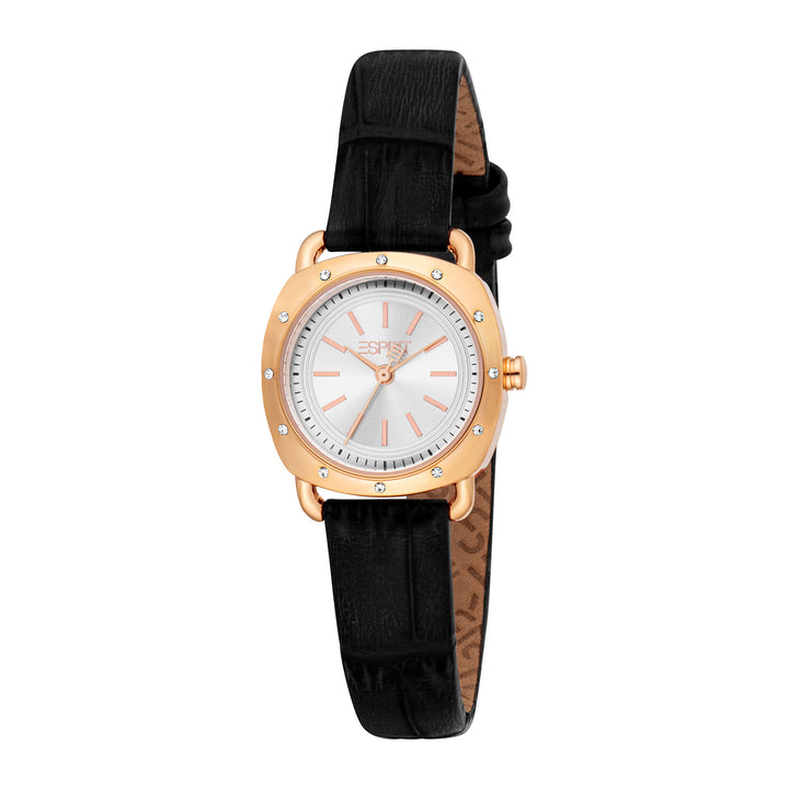 ESPRIT Women Watch, Rose Gold Color Case, Silver Dial, Black Leather Strap, 3 Hands, 3 ATM
