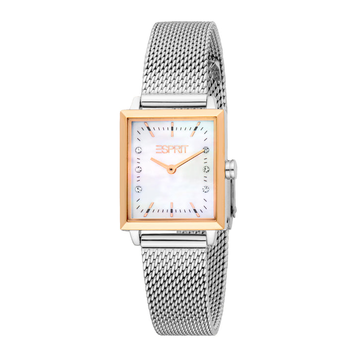 ESPRIT Women Watch, Two Tone Silver &amp; Rose Gold Color Case, White MOP Dial, Stainless Steel Mesh Bracelet, 2 Hands, 3 ATM