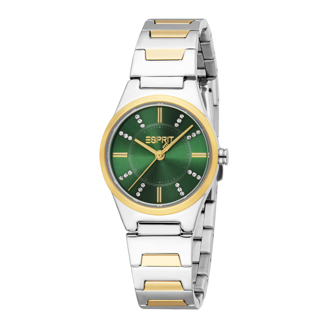 ESPRIT Women Watch, Two Tone Silver &amp; Gold Color Case, Dark Green Dial, Two Tone Silver &amp; Gold Color Metal Bracelet, 3 Hands, 3 ATM