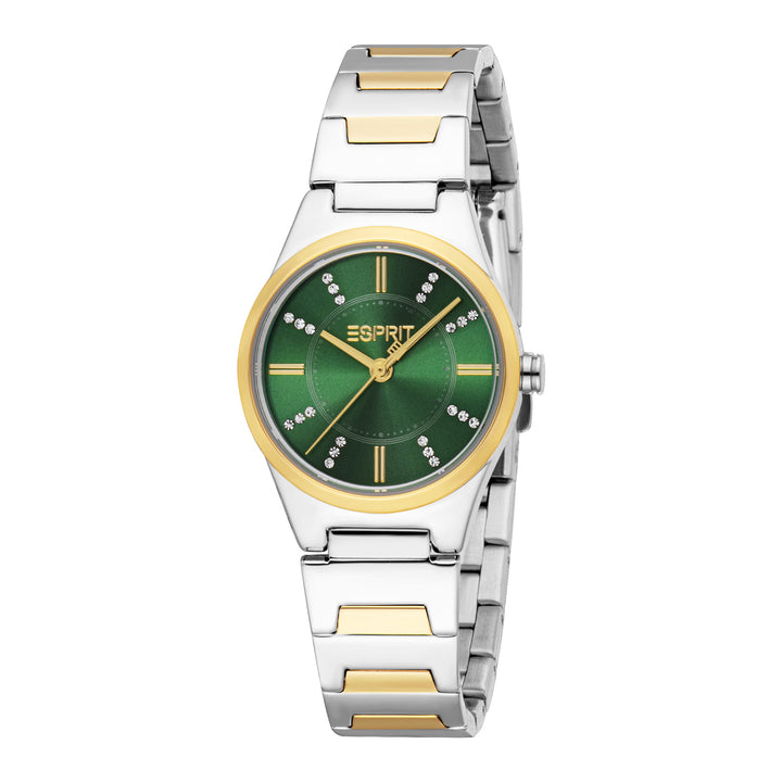 ESPRIT Women Watch, Two Tone Silver &amp; Gold Color Case, Dark Green Dial, Two Tone Silver &amp; Gold Color Metal Bracelet, 3 Hands, 3 ATM