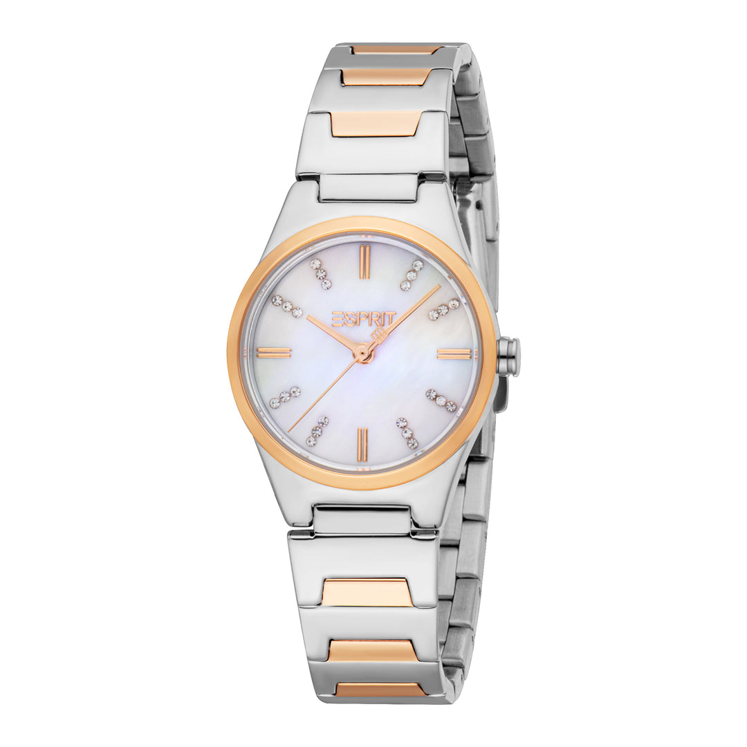 ESPRIT Women Watch, Two Tone Silver &amp; Rose Gold Color Case, White MOP Dial, Two Tone Silver &amp; Rose Gold Color Metal Bracelet, 3 Hands, 3 ATM