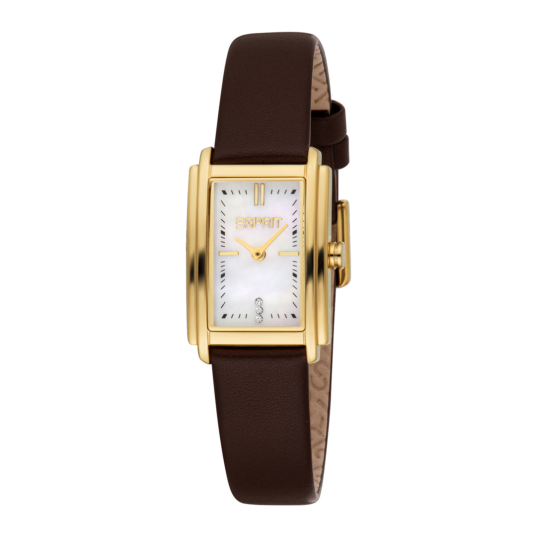 ESPRIT Women Watch, Gold Color Case, White MOP Dial, Dark Brown Leather Strap, 2 Hands, 3 ATM