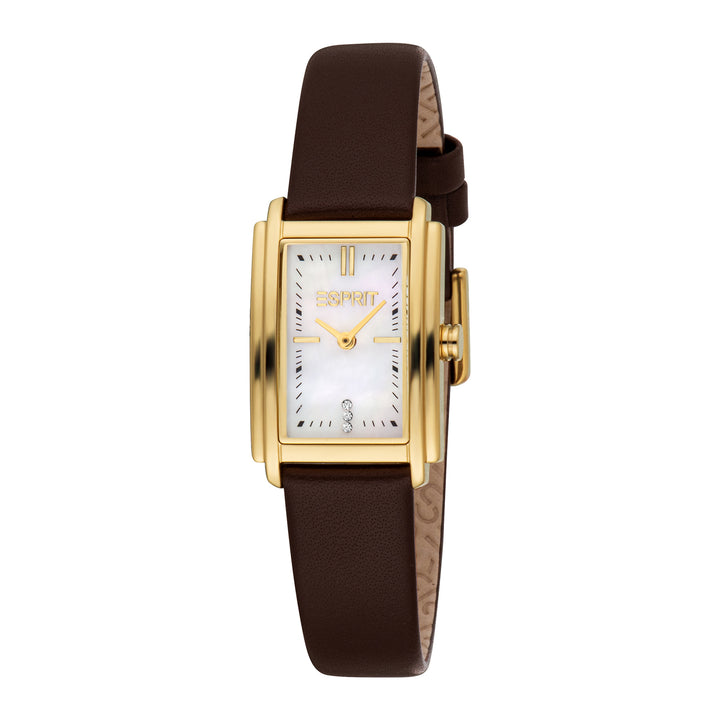 ESPRIT Women Watch, Gold Color Case, White MOP Dial, Dark Brown Leather Strap, 2 Hands, 3 ATM