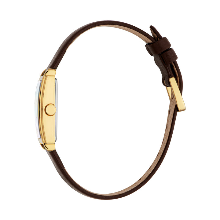 ESPRIT Women Watch, Gold Color Case, White MOP Dial, Dark Brown Leather Strap, 2 Hands, 3 ATM