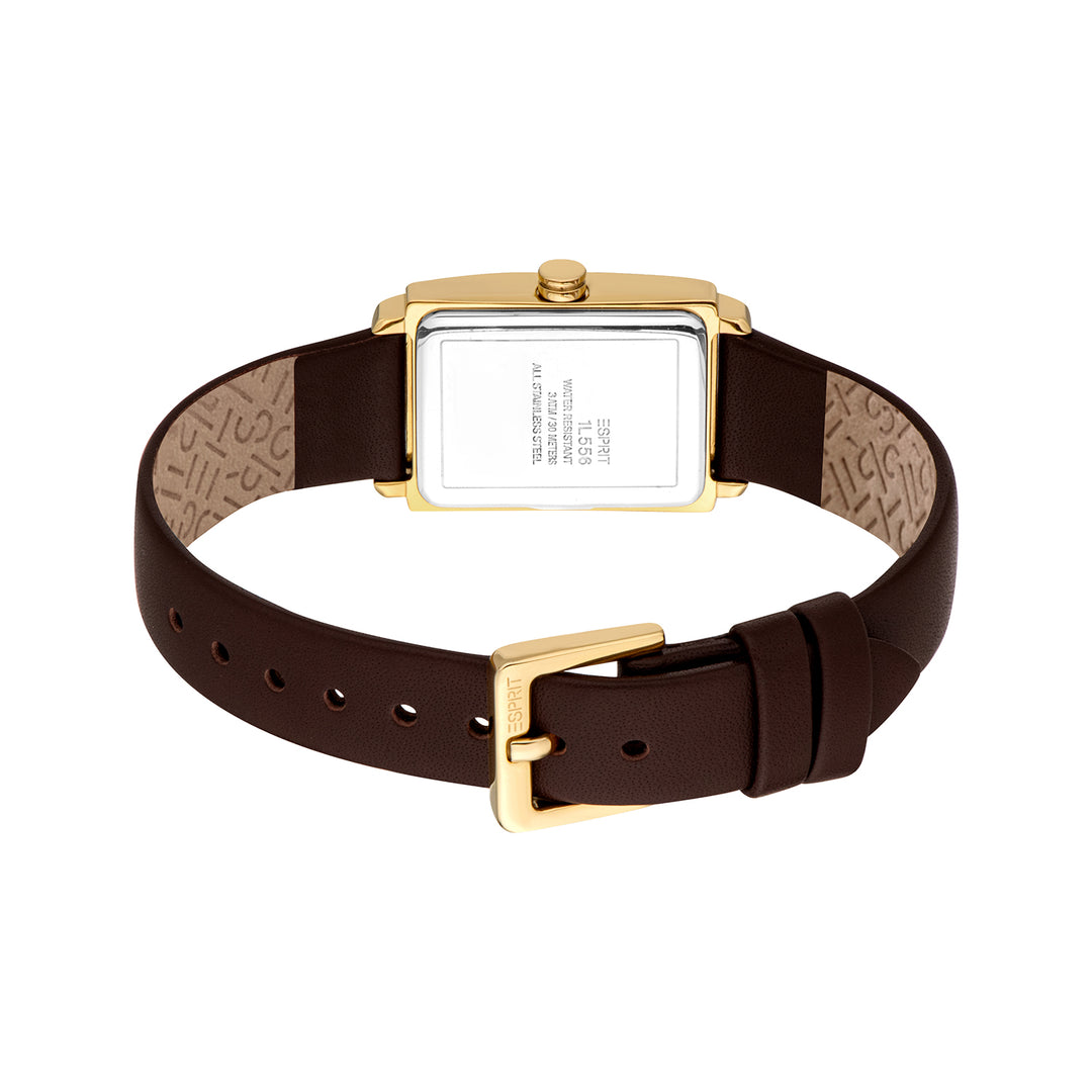 ESPRIT Women Watch, Gold Color Case, White MOP Dial, Dark Brown Leather Strap, 2 Hands, 3 ATM