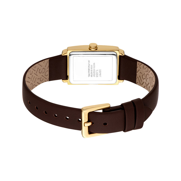 ESPRIT Women Watch, Gold Color Case, White MOP Dial, Dark Brown Leather Strap, 2 Hands, 3 ATM