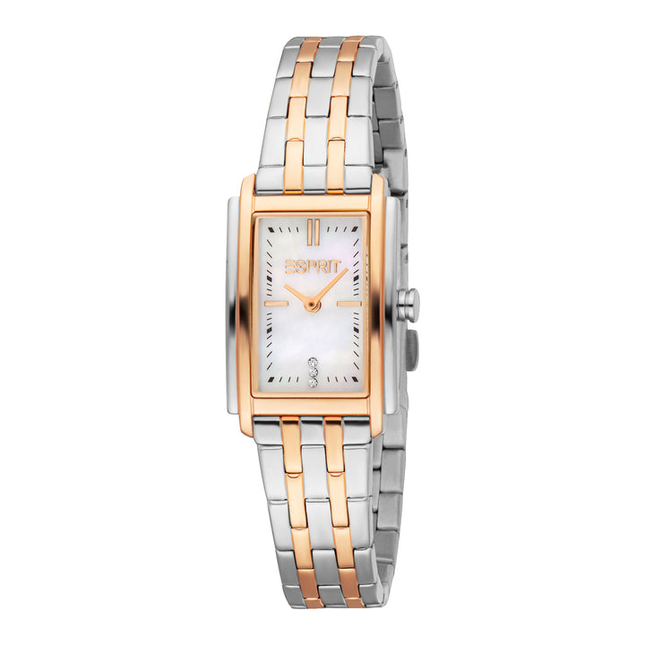 ESPRIT Women Watch, Two Tone Silver &amp; Rose Gold Color Case, White MOP Dial, Two Tone Silver &amp; Rose Gold Color Metal Bracelet, 2 Hands, 3 ATM