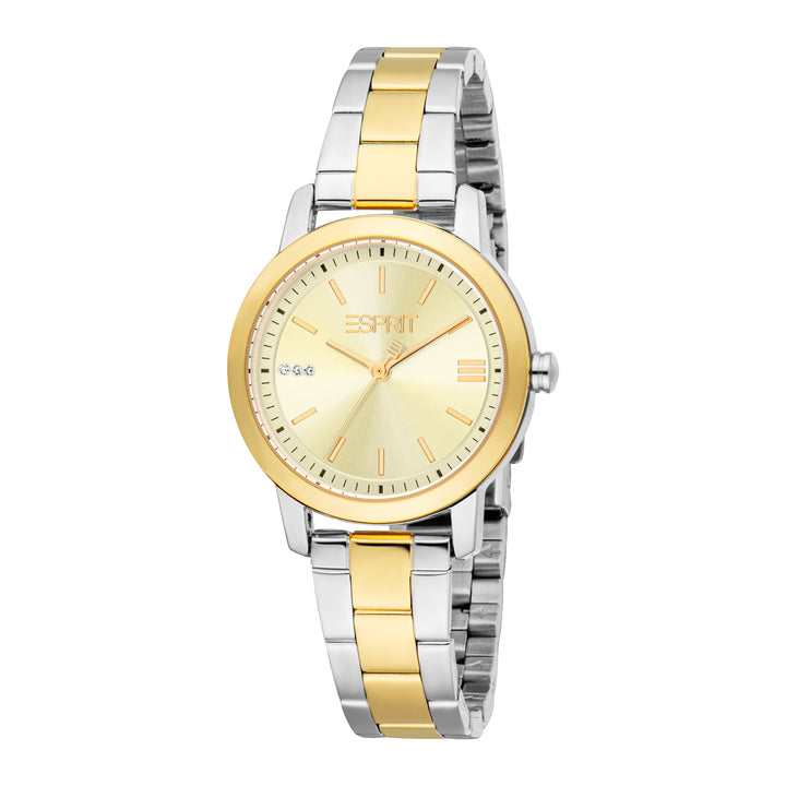 ESPRIT Women Watch, Two Tone Silver &amp; Gold Color Case, Champagne Dial, Two Tone Silver &amp; Gold Color Metal Bracelet, 3 Hands, 3 ATM