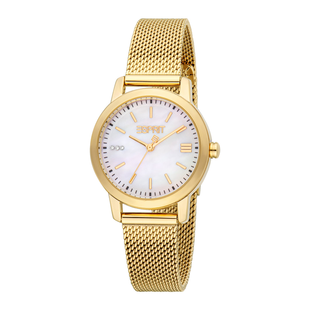 ESPRIT Women Watch, Gold Color Case, White MOP Dial, Gold Color Mesh Bracelet, 3 Hands, 3 ATM