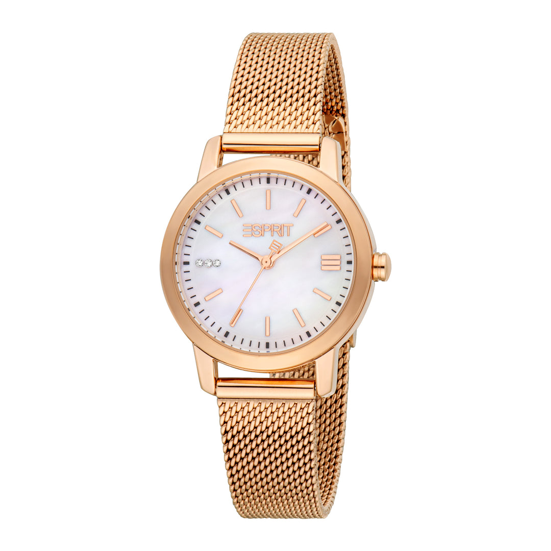 ESPRIT Women Watch, Rose Gold Color Case, White MOP Dial, Rose Gold Color Mesh Bracelet, 3 Hands, 3 ATM
