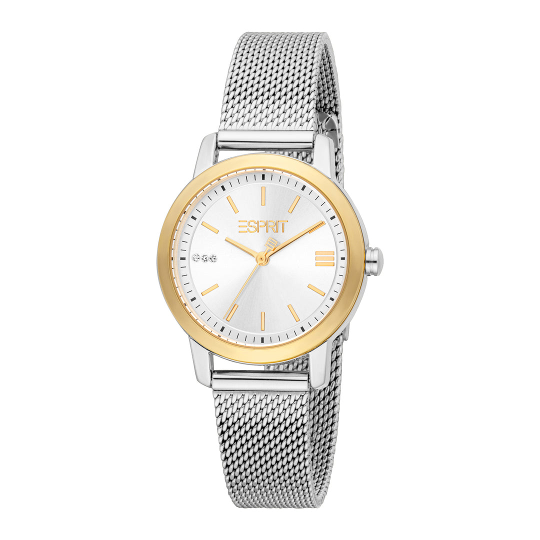 ESPRIT Women Watch, Two Tone Silver &amp; Gold Color Case, Silver Dial, Stainless Steel Mesh Bracelet, 3 Hands, 3 ATM