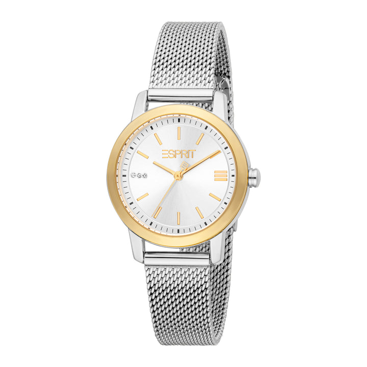 ESPRIT Women Watch, Two Tone Silver &amp; Gold Color Case, Silver Dial, Stainless Steel Mesh Bracelet, 3 Hands, 3 ATM