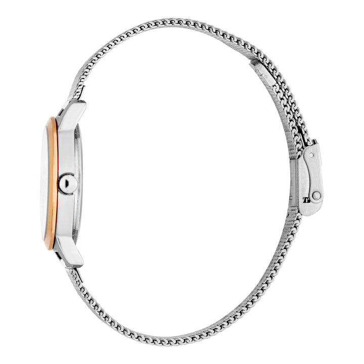 ESPRIT Women Watch, Two Tone Silver &amp; Rose Gold Color Case, Silver Dial, Stainless Steel Mesh Bracelet, 3 Hands, 3 ATM