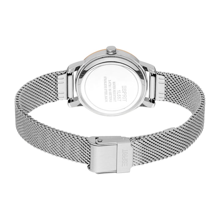 ESPRIT Women Watch, Two Tone Silver &amp; Rose Gold Color Case, Silver Dial, Stainless Steel Mesh Bracelet, 3 Hands, 3 ATM