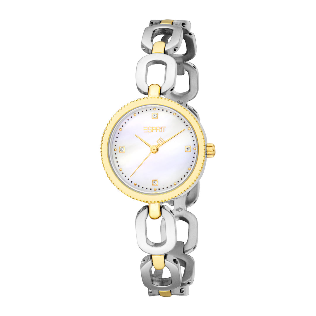 ESPRIT Women Watch, Two Tone Silver &amp; Gold Color Case, White MOP Dial, Two Tone Silver &amp; Gold Color Metal Bracelet, 3 Hands, 3 ATM