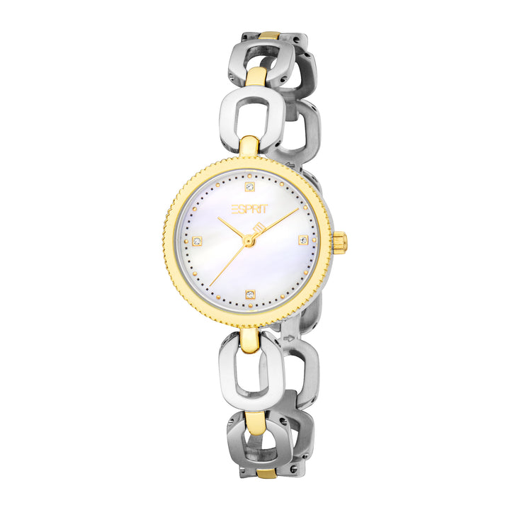 ESPRIT Women Watch, Two Tone Silver &amp; Gold Color Case, White MOP Dial, Two Tone Silver &amp; Gold Color Metal Bracelet, 3 Hands, 3 ATM