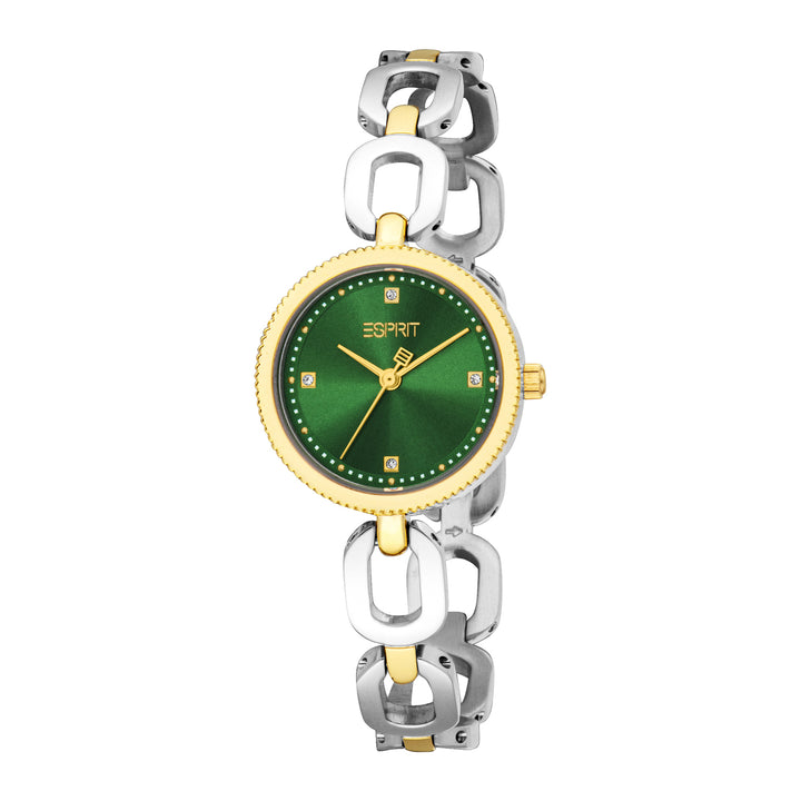 ESPRIT Women Watch, Two Tone Silver &amp; Gold Color Case, Dark Green Dial, Two Tone Silver &amp; Gold Color Metal Bracelet, 3 Hands, 3 ATM
